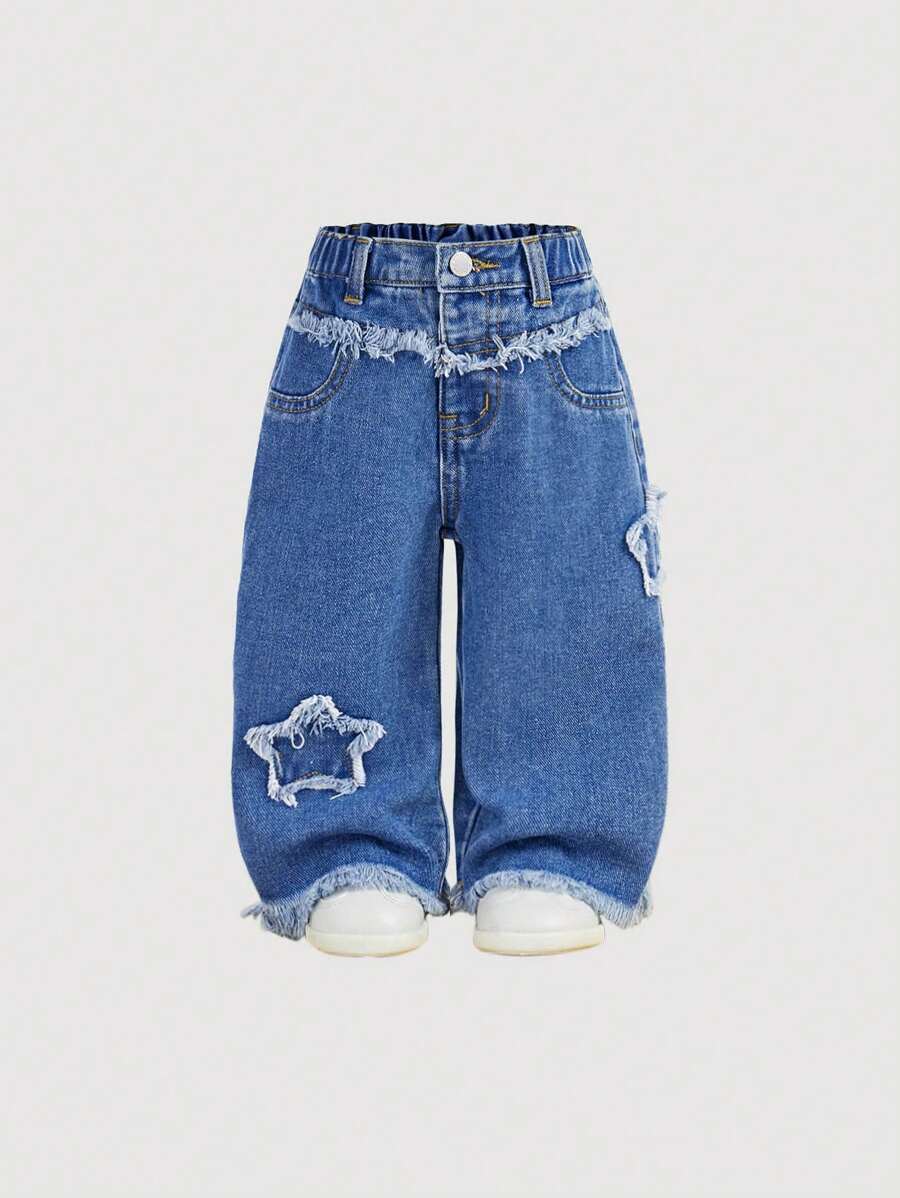 SHEIN Baby Girl Star Applique Blue Denim Loose Straight Leg Pants