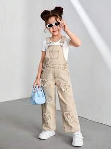 SHEIN 年轻女孩宽松心形吊带阔腿牛仔连体裤