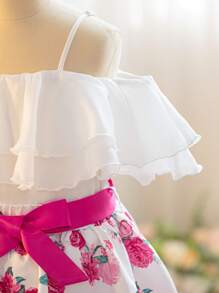 SHEIN 女童露肩吊带上衣和碎花裙两件套，波西米亚风格，适合春季/度假 - 紅白色 - 查看 8