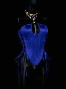 SHEIN ICON Fitted Criss-Cross Strap Bandeau Crop Top Vest,Rave Top - Blue - View 9