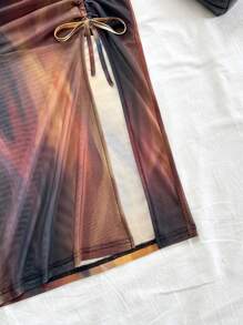 Soleia New Vacation Knitted Sunset Print Twist Slit Metal Decor Design Vest And Mini Skirt 2 Pieces Set