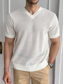 DAZY Men's V-Neck White Ribbed Knit Sweater, Summer - White - View 9
