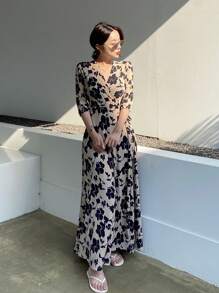 DAZY V领优雅碎花连衣裙，女士优雅吊带长裙 - 米色 - 查看 5