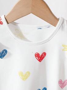 4pcs/Set Casual Baby Girl Heart & Floral Print Ruffle Trim Short Sleeve Top + Shorts Set, 2 Pieces Outfit, Summer Holiday Outdoor Wear - Multicolor - View 4