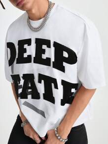 Manfinity NXTstreet Men's Letter Embroidered Loose Knitted Short Sleeve T-Shirt, Suitable For Summer - White - View 3