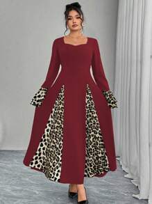 Modelyn Vestido talla grande con estampado de leopardo, contrastes de color y volantes en los puños - Rojo - Ver 4