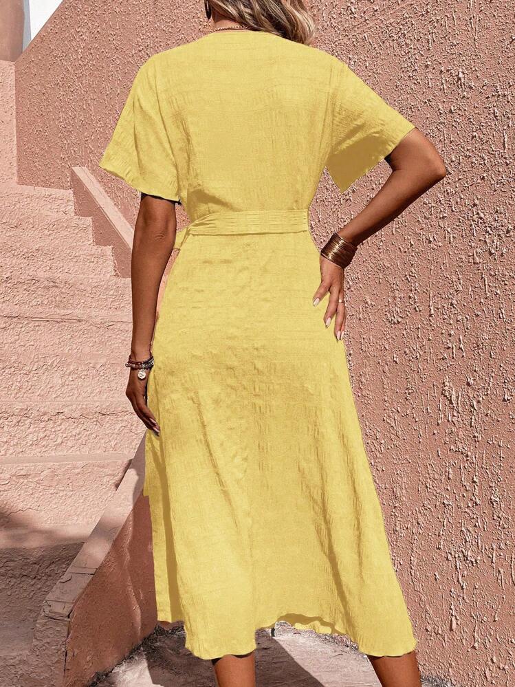 SHEIN Clasi Solid Knot Side Wrap Dress Maxi Women Outfit - Yellow - View 2