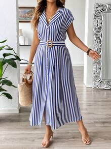 Flirla Plus Size Women's Spring/Summer Striped Casual/Work Collared Waist Belt A-Line Dress With Roll-Up Sleeves - Royal Blue - View 3