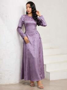 Veilorie Damen Blumen Jacquard Rundhals Langarm Kleid mit Bindung an der Taille, elegant