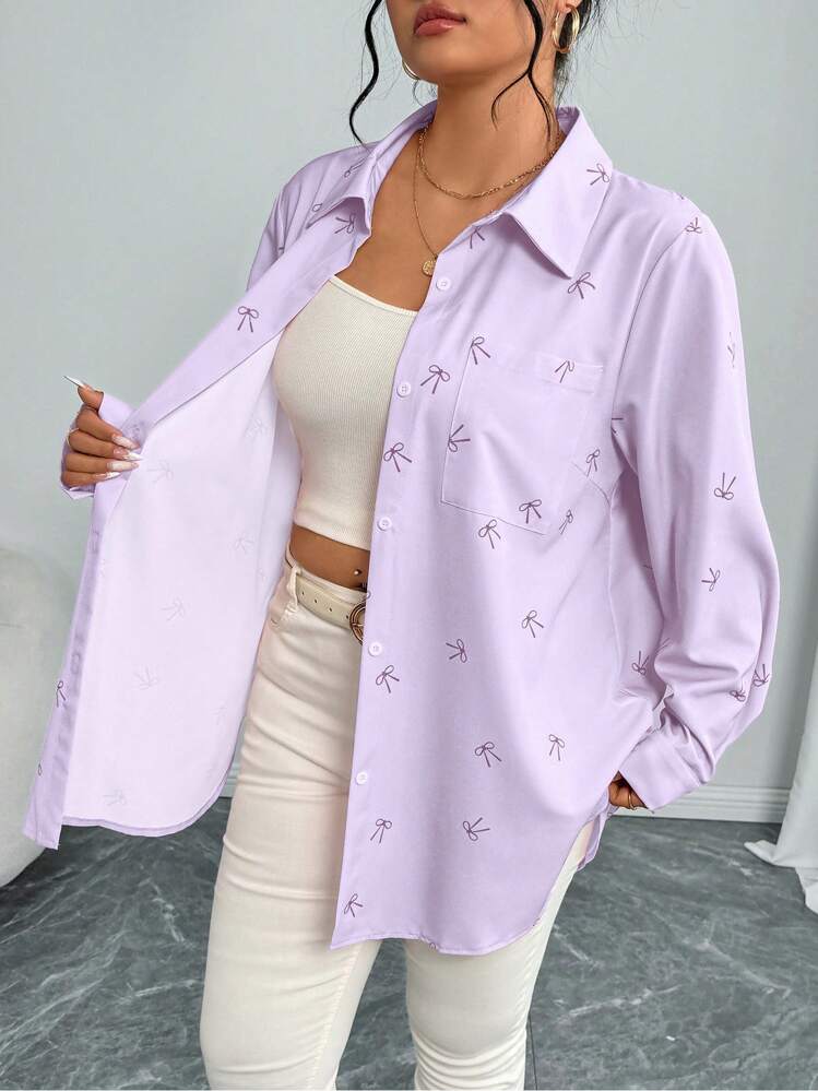 Calvaya Casual Romantic Pink Bow Print Blouse, Valentine's Gift Women Shirt ValentinesPink Lover Bow Fall Cloth For Women - Purple - View 6