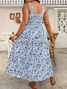 Breezaya Plus Size Women Ditsy Floral Waist-Defined Cami Dress, Summer Resort Wear - Blue and White - View 2
