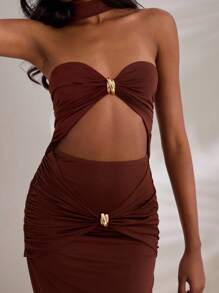 Opulessa 1 件女式纯色针织镂空修身鱼尾连衣裙 - 棕色 - 查看 6