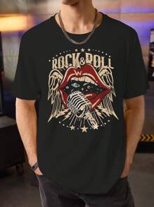 Manfinity Dauomo 男士夏季复古朋克街头风格红唇印花字母图案 T 恤，摇滚音乐图案休闲短袖 T 恤 - 黑色 - 查看 3