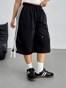 POPSWAY Plus Size Women's Spring/Summer Black Casual Sports Street Style Knit White Lace-Up Bermuda Shorts
