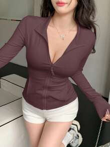 DAZY Casual Sports Jackets, Regular Fit Ladies Sweatshirt For Spring Women Coats - Violet Purple - View 3