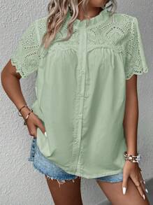 SHEIN Clasi Áo kiểu nữ cỡ lớn, màu trơn, chất liệu ren móc, thêu họa tiết, thích hợp cho kỳ nghỉ hè. Áo kiểu nữ mùa hè, áo kiểu nữ mùa xuân, áo kiểu nữ mùa hè, áo kiểu nữ mùa hè. - Màu xanh Bạc hà - Xem 5