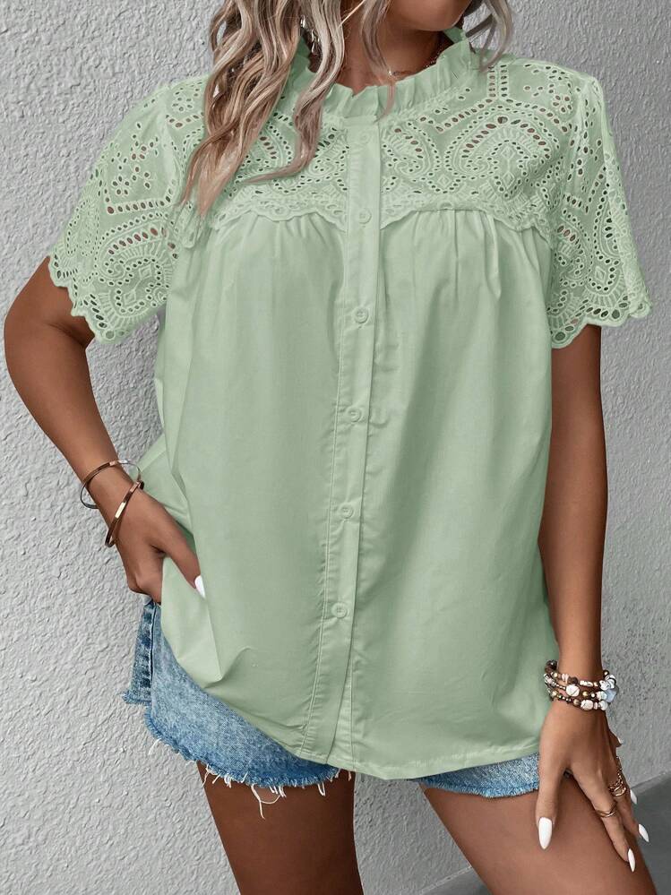 SHEIN Clasi 大码休闲假日纯色钩针刺绣拼接女式衬衫 夏季女装 春季女式衬衫 夏季女式衬衫 夏季上衣 女式衬衫 - 薄荷綠 - 查看 5