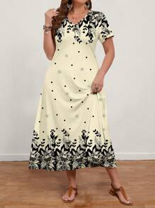 EMERY ROSE 大码女式休闲蝴蝶结碎花 V 领短袖连衣裙，适合夏季 - 米色 - 查看 3