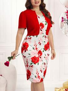 Reflora Ladies Plus Size Spring Floral Print Elastic Knit 2 In 1 Dress, Elegant Romantic Daily Outfit, Suitable For Valentine's Day - Red - View 1