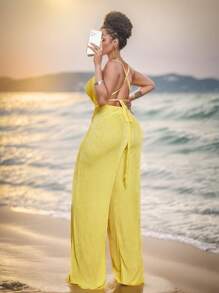 Maweii Plus Size Casual Solid Color Hollow Lace-Up Backless Jumpsuit - Yellow - View 2