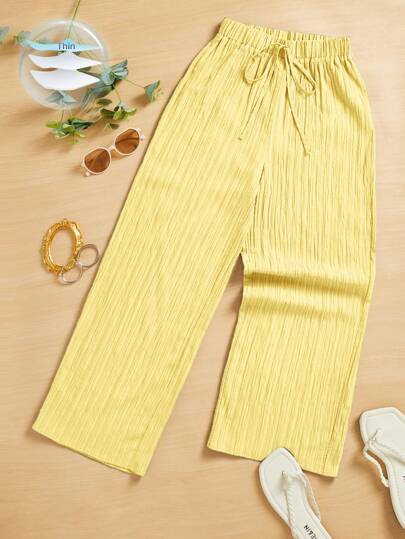 SHEIN Essnce Women's Summer Casual Loose Texture Wide Leg Cropped Pants,Butter Yellow