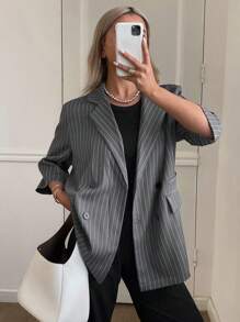 DAZY Blazer holgado de manga corta con bolsillo a rayas para mujer en verano