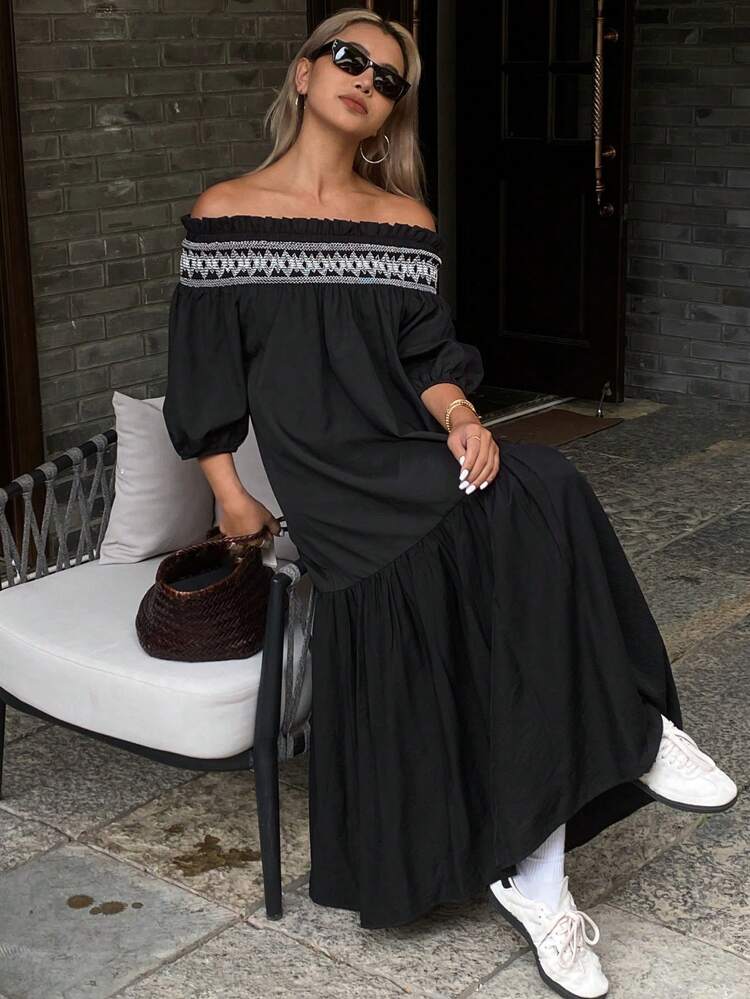 Casual Vacation Dress, Off Shoulder Wide Neck Loose Women Summer Long Dress Maxi Dress Boho