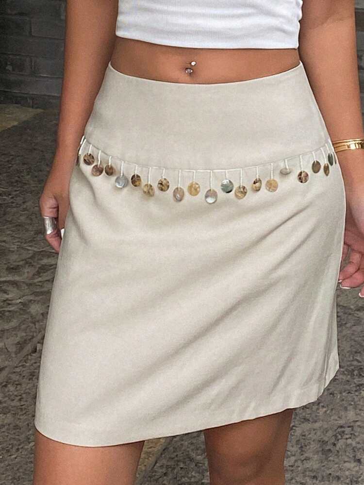 Fringe Trim Straight Hem Casual Vacation Skirt For Women,Pencil Skirt Linen Fall Skirts