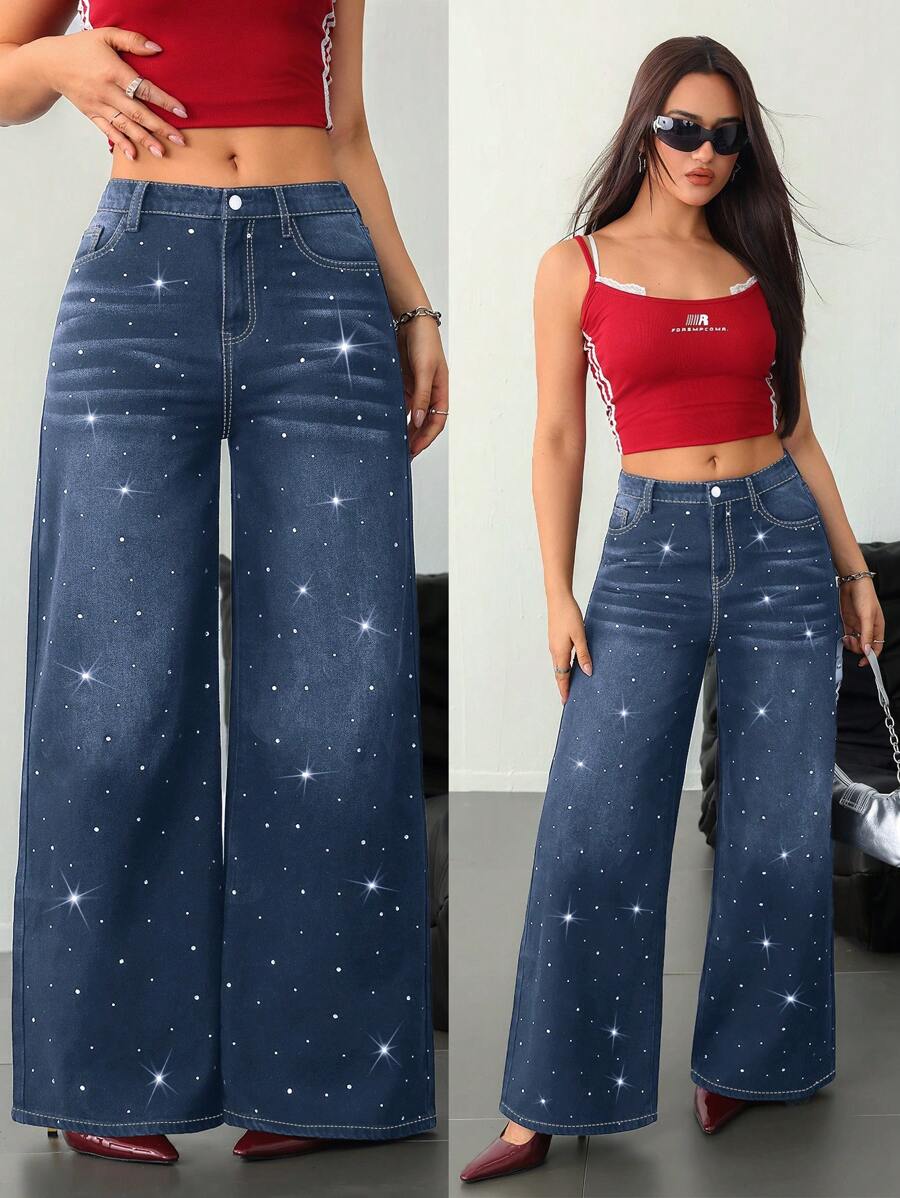 SHEIN Tall 女士牛仔裤 女式高腰牛仔裤 黑色低腰宽松闪亮水钻牛仔裤 闪亮牛仔裤 宽松女式牛仔裤 低腰宽松牛仔裤 女式下装 亮片裤 闪光裤 女式高腰裤 - 深色水洗藍 - 查看 1