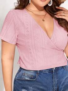 SHEIN VCAY Plus Size Women's Solid Color Embroidery & Twist Detail Short Sleeve T-Shirt - Baby Pink - View 3