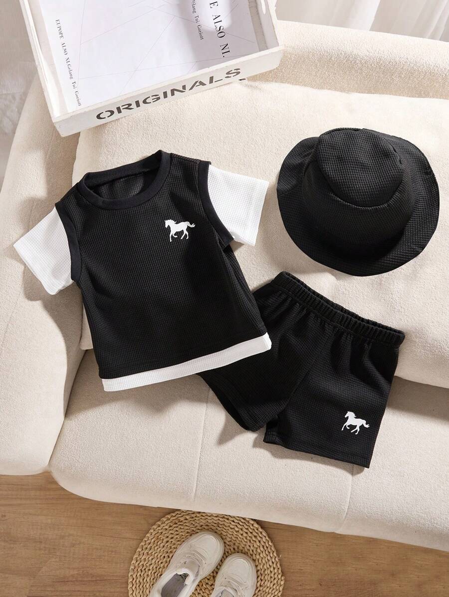SHEIN Playful Pals 3件組男嬰夏季套裝 黑白華夫格面料 2合1上衣短褲與帽子 休閒海灘穿搭 日常戶外學校度假適用 - 黑與白 - 查看 1