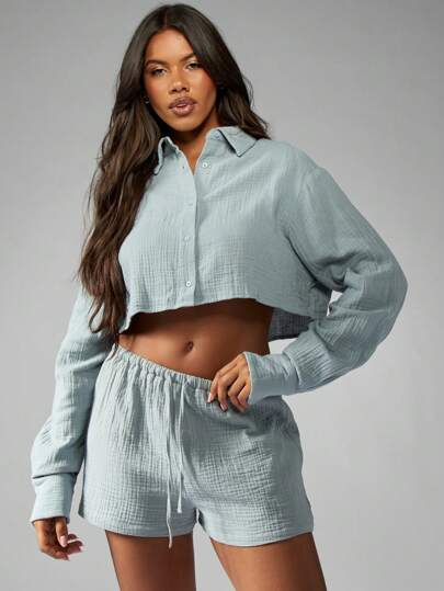 MISSGUIDED 粗棉布沙滩短裤休闲夏季阔腿松紧腰抽绳短裤度假装轻盈宽松版型