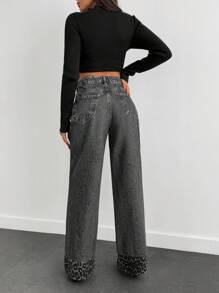 EURMUSE HIGH RISE SLANT POCKET WIDELEG JEAN WITH LEOPARD - Light Grey - View 2