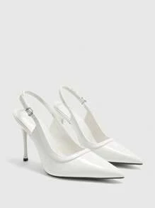 CUCCOO BIZCHIC 女式尖头细高跟鞋白色镜面 PU 皮革浅口鞋，简约时尚通勤百搭派对正装鞋，带踝带 - 白色 - 查看 2