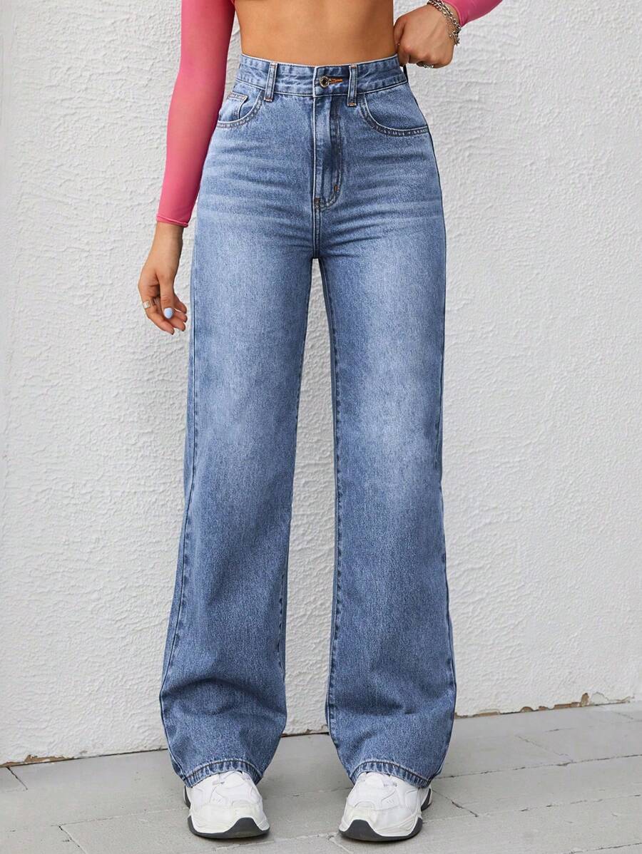 SHEIN Tall 休闲日常猫须洗水阔腿牛仔裤 - 中等水洗藍 - 查看 1