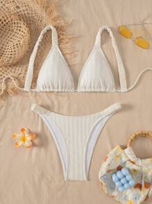 SHEIN Swim Bikini de primavera de dos piezas con textura lisa, almohadillas desmontables y fruncido - Beis - Ver 1