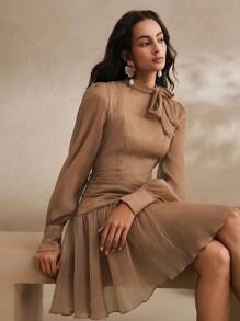Anewsta Elegant Slimming Waist Vintage French Palace Style Minimalist A-Line Short Dress, Spring/Summer Outfit For Women - Coffee Brown - View 1