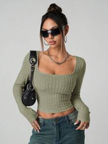 SHEIN ICON 女士纯色长袖简约罗纹休闲 Y2K 方领假日雪地女士米色舒适上衣，日常穿着 - 軍綠色 - 查看 4