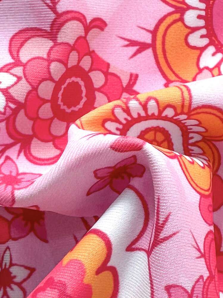 Swim Mod Ditsy Floral Ruffle Halter Swimsuit Set For Beach Holiday For Summer Beach Vacation - Multicolor - View 6