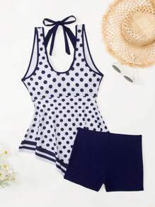 SHEIN 2pcs/Set Summer Elegant Bowknot Solid Splice Polka Dot Print Flounce Crop Top And Solid Color Briefs Tankini Swimwear - Multicolor - View 4