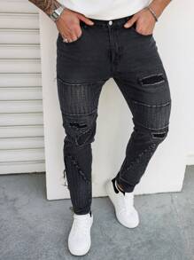 Manfinity LEGND Plus Size Men's Casual Washed Frayed Slim Fit Jeans - Black - View 3