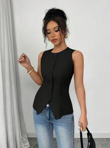 Selianne Old Money Style Solid Color Sleeveless Vest - Classic Front Opening Design, Simple And Versatile Commuting Casual Outerwear - Black - View 5