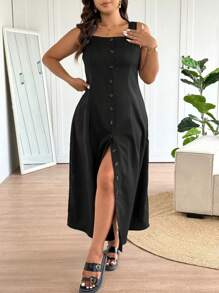 SHEIN Frenchy Vestido maxi negro sin mangas con diseño de botones para mujer de talla grande, estilo elegante y casual, nueva moda de primavera/verano
