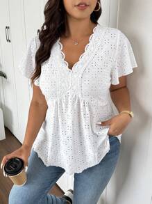 SHEIN Frenchy Plus Size Women Textured V-Neck Lace Splice T-Shirt - White - View 5