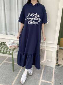 SHEIN Leap Crew Teen Girl Collegiate Letter Pattern Ruffle Hem Hooded Casual Dress - Navy Blue - View 5