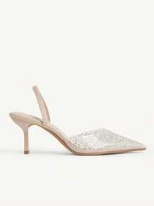 CUCCOO CHICEST Women's Pearly Rhinestone Transparent Jelly Pointed Toe Backless High Heel Pumps, Sexy & Elegant For Christmas - Beige - View 3