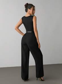 SHEIN PETITE Women Casual Solid Sleeveless Jumpsuit - Black - View 2