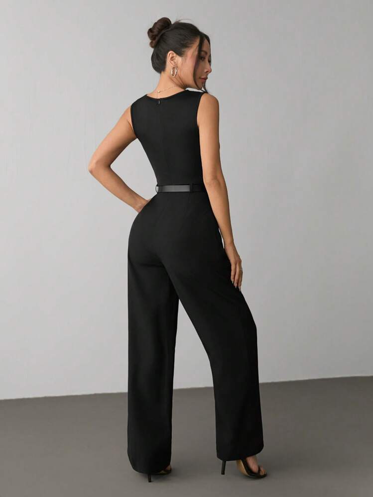 SHEIN PETITE 女士休闲纯色无袖连体裤 - 黑色 - 查看 2