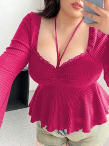 Flirla تي شيرت طويل الأكمام بخط رقبة على شكل القلب أنيق ذو حزام للخصر وقص على شكل حرف A بأحزمة متقاطعة بحجم كبير