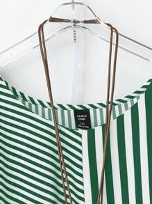 EMERY ROSE Elegant Women's Casual Striped Splicing Tie-Knot Design Ruffle Hem Round Neck Short Sleeve Plus Size Dress,White,Summer,Smart Casual,Vacation,Vintage - Dark Green - View 5